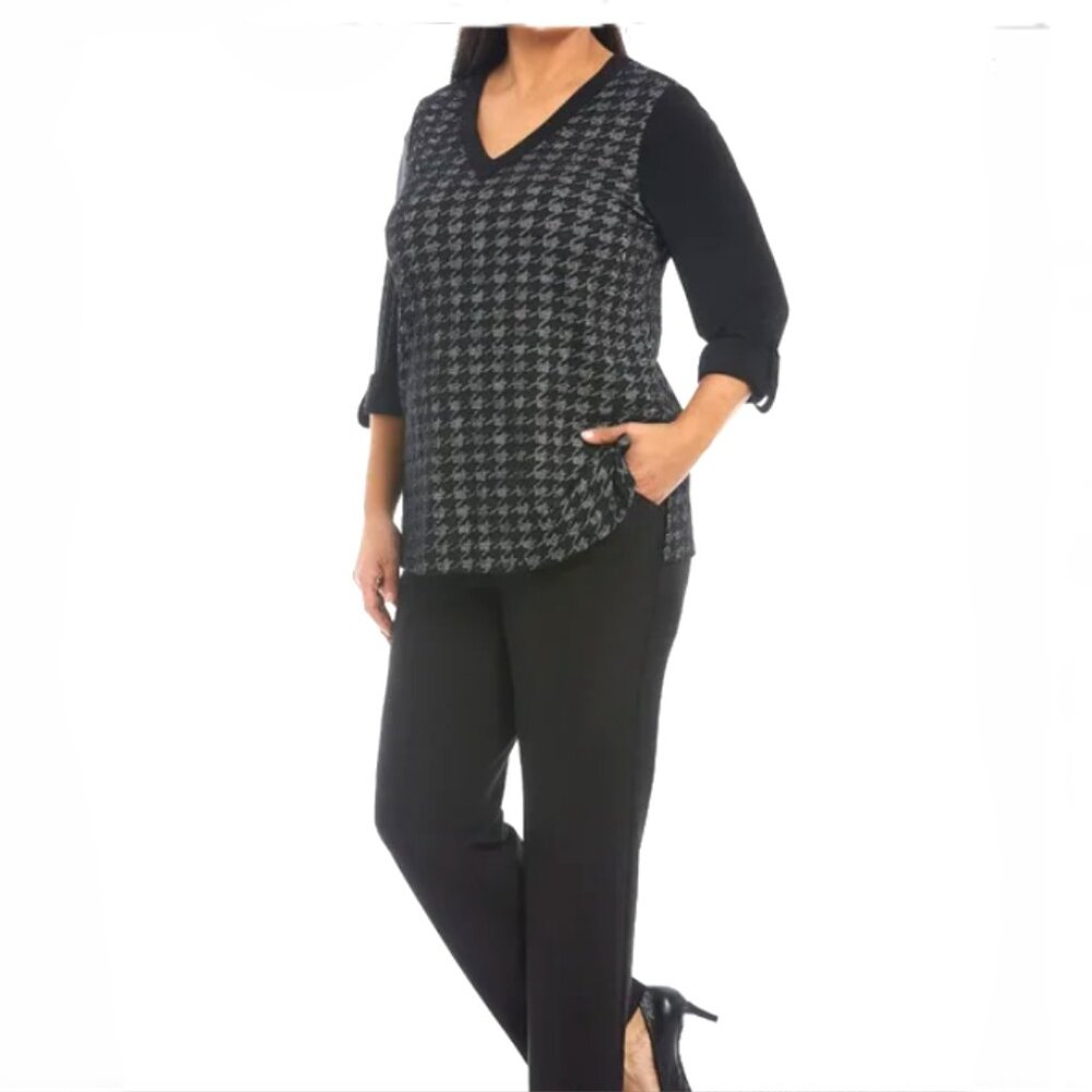 Slim Factor | V-Neck‎ Black and White Houndstooth Mixed Media Tunic | Sz L Women